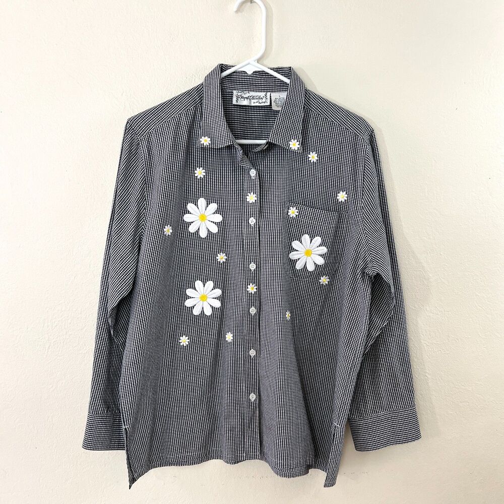 Vintage 90s Sarah Bentley Novelty Gingham Check Daisy Embroidery Button-Up Sz L